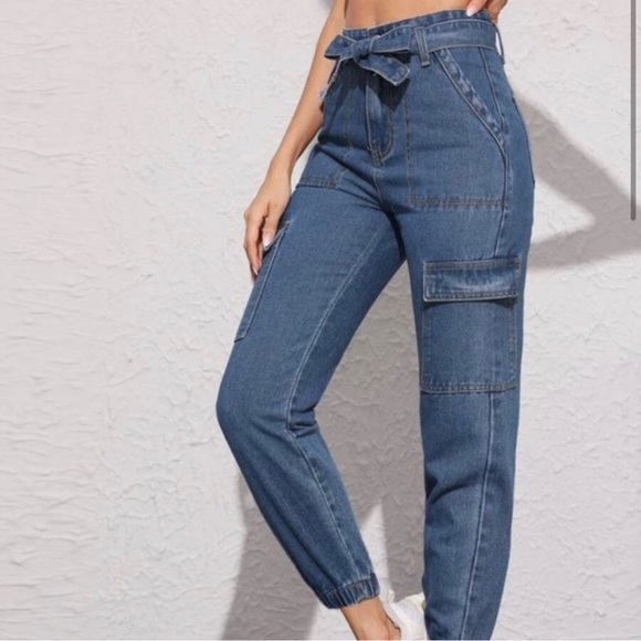 New! High waist Jean joggers w/ Front Tie - Picture 4 of 7